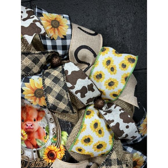 Handmade Burlap Wreath Farmhouse Highland Cow Fall Western Horseshoe 22 Inch - Picture 9 of 10